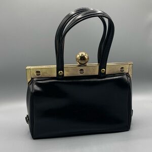 Vintage 1960s Leather Handbag, Black, Ball Clasp, Framed, Art Deco